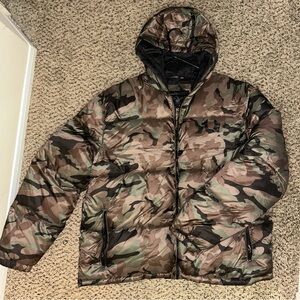 True Religion Green and Brown Camouflage Puffer Jacket